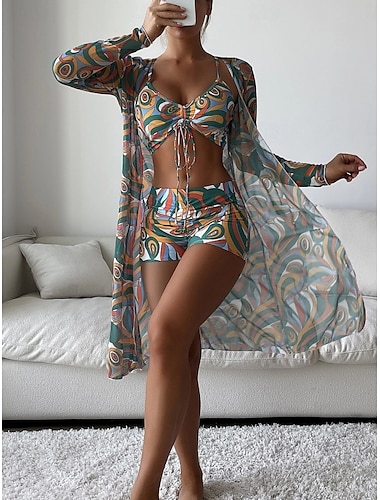  Mujer Bañadores Bikini Tres piezas Pierna de niño Traje de baño Espalda al Aire Delgado Vacaciones Ropa de playa Bloque de color Cuello halter Sin Mangas Manga Larga Trajes de baño