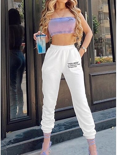  Damen Asiatische Größe Hose Trainingshosen Modisch Casual In voller Länge Hoher Taillenbund Buchstabe Elastische Taille Bequem Atmungsaktivität Weich Mikro-elastisch Outdoor Athlässigkeit Weiß Khaki