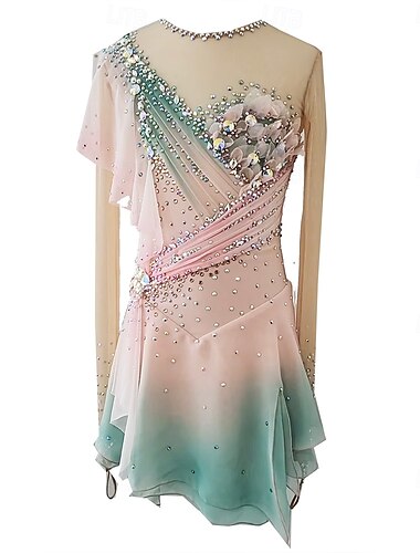  Eiskunstlaufkleid Damen Mädchen Eislaufen Kleider Rosa Daumenloch Halo-Färbung Hochelastisch Professionell Wettbewerb Eiskunstlaufkleidung warm Kristalle Langarm Eislaufen Eiskundstlauf