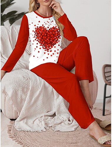  Damen Schlafanzug Set Brautkleider schlicht Komfort Herz T Shirt Hose Heim Valentinstag Täglich Langarm Rundhalsausschnitt Rote Frühling Herbst Winter