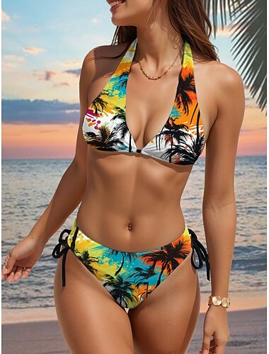  Costumi da bagno da donna Bikini 2 pezzi costume da bagno audace senza schiena slim abbigliamento da spiaggia per le vacanze foglie V Neck costumi da bagno senza maniche