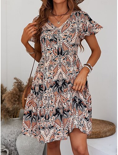  Mujer Mini vestido Vestido informal Vestido de una línea Vestido bohemio Vintage Elegante Casual Vacaciones Diario Ajuste regular Cachemir Manga Corta Escote en Pico Negro Vino Primavera Otoño