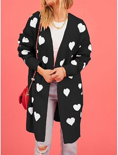  pulover roz de îndrăgostiți pentru femei cardigan modă elegantă îmbrăcăminte de stradă inimă cu decolteu în V buzunar tricotat cu mânecă lungă topuri lungi tricotat în aer liber weekend zilnic negru