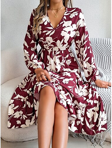  Damen Midikleid Casual kleid Schaukelkleid A Linie Kleid Stilvoll Brautkleider schlicht Urlaub Täglich Regular Fit Blatt Langarm V Ausschnitt Wein Khaki Frühling Herbst