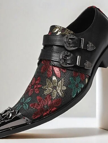  Monk-Schuhe für Herren aus hochwertigem Rindsleder und Jacquardgewebe mit Blumenstickereien und Zehenkappe aus Metall, stilvolles formelles Schuhwerk mit Schnallendetail, perfekt für Business, Partys und besondere Anlässe