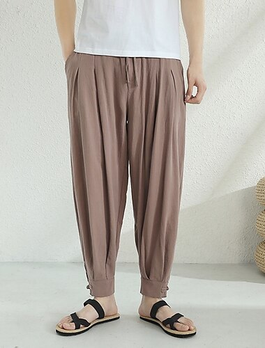  Herren Leinenhose Hose Hosen Sommerhosen Haremshose Kordelzug Elastische Taille Seitentaste Glatt Komfort Atmungsaktiv In voller Länge Heim Casual Täglich Modisch Klassicher Stil Schwarz Marineblau