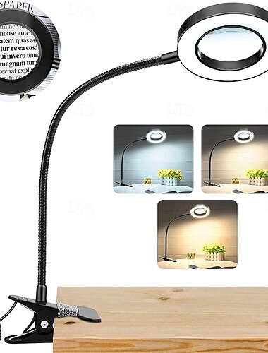  Lámpara de mesa con espejo de aumento y cuello de cisne ajustable, lámpara de clip LED con atenuación de 3 colores, luz de noche para reparación de uñas &leyendo 1pc