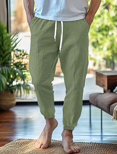  Herren Leinenhose Hose Hosen Sommerhosen Elastische Taille Gerade geschnitten Höhenanstieg Feste Farbe Komfort Atmungsaktiv In voller Länge Heim Einfach Brautkleider schlicht Schwarz Weiß Unelastisch