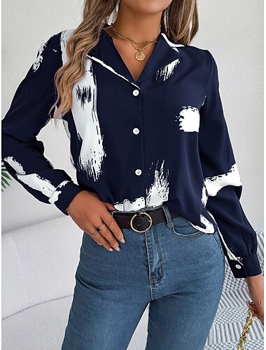  Damen Hemd Bluse Graphic Brautkleider schlicht Langarm Hemdkragen Normale Oberteile Täglich Knopf Bedruckt Wein Blau Sommer Frühling