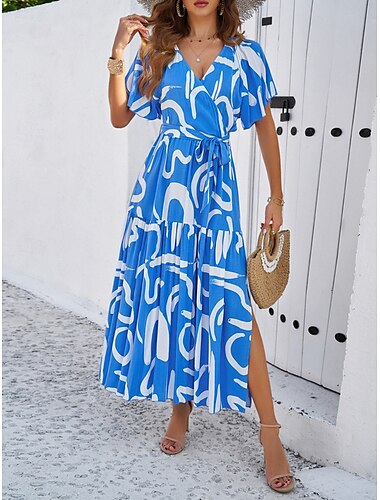  Women's Graphic V Neck Maxi Dress Short Sleeve Summer Spring