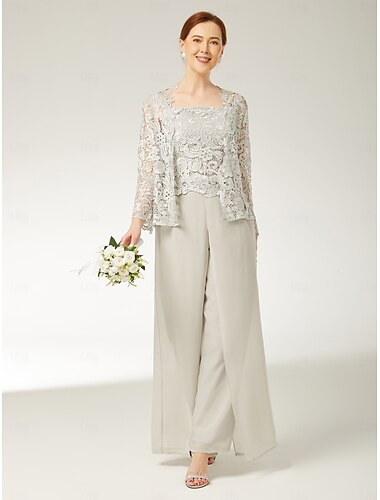  Jumpsuit  Pantsuit 3-delig Moeder van de Bruid Elegant Plus Size Vierkante Hals Vloerlange Chiffon Geweven Kant Mouwloos Wrap Inclusief met Kant Applicaties 2025