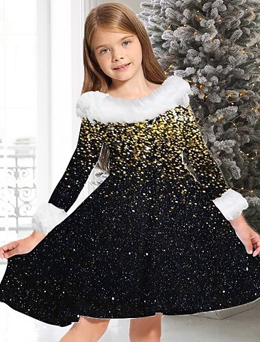  Děti Dívčí Šaty Yıldız Spád Dlouhý rukáv Ležérní Çıkarılabilir Kürk Yaka Výstřih ke krku Elegantní Rozkošný Polyester Nad kolena Volnočasové šaty Swingové šaty Áčkové šaty Podzim Zima 3-10 let Čern
