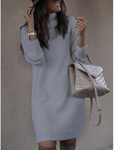  Damen Pullover Kleid Brautkleider schlicht Weich Einfarbig Gerippt Rollkragen Strick Langarm Lange Oberteile Stricken Outdoor Täglich Wochenende Gelb Rosa Herbst Winter