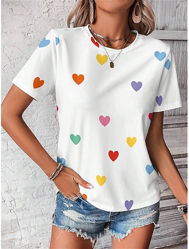  Valentinstag Damen Herz T-Shirt süß reguläre Tops Kurzarm Rundhals Print reguläre Passform Alltags Schwarz Weiß Sommer