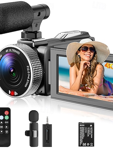  Videokamera Camcorder zur Aufnahme DV-Klappbildschirm 16-fach digitaler Zoom 4K UHD Reisekamera Digicam mit externem Mikrofon Selfie-Fernbedienung