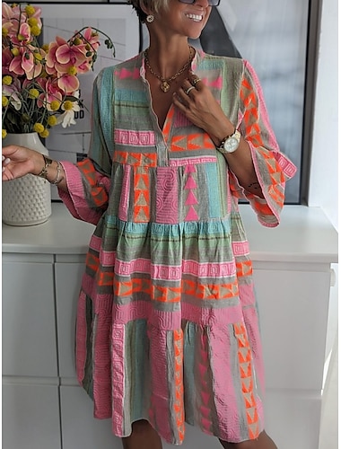  Femme Mini robe Robe casual robe boheme mode Décontractées Vacances du quotidien Standard Géométrique Manches 3/4 Col V Rose Claire Printemps Automne