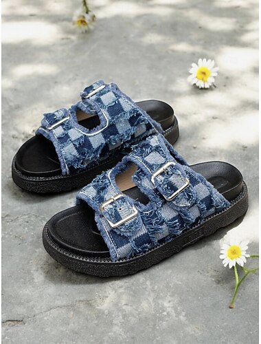  Bequeme Pantoletten aus blauem Distressed-Denim mit Doppelschnalle und dicker Sohle für Damen, perfekt für den Alltag