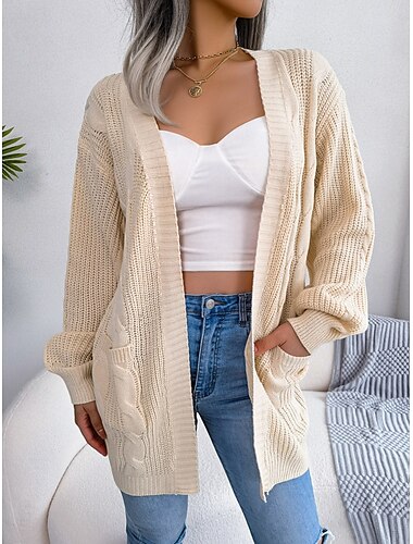  Dames Trui Vest Casual Zacht Heldere kleur Kabel Open voorzijde Zak Gebreid Lange mouw Lange tops breien Buiten Dagelijks Weekend blauw Abrikoos Herfst Winter