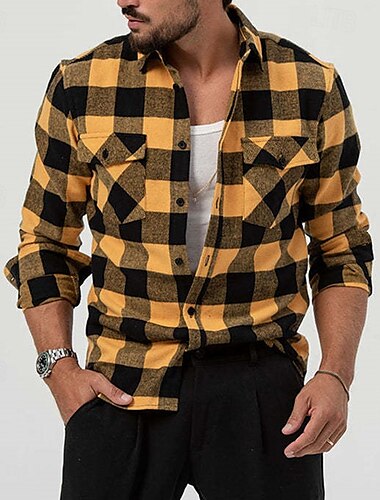  Herren Hemd Sommerhemd Freizeithemd Strandhemd Knopfhemd Overshirt Gelb Blau Langarm Karomuster Revers Urlaub Hawaiianisch Button-Down Bekleidung Mode Lässig Bequem