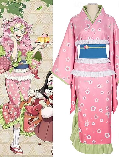  Demon Slayer Kanroji Mitsuri Animé Cosplay-kostym Kappa Kläder Cosplay-kostymer Karnival Maskerad Kostym Till Dam Vuxna