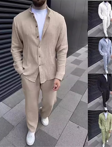  Hombre 2 Piezas Conjunto de camisa Conjuntos a juego Camisa casual Abotonar la camisa Negro Blanco Azul Piscina Verde Trébol Color Caquí Manga Larga Plano Cuello alto Vacaciones Diario Ropa Moda