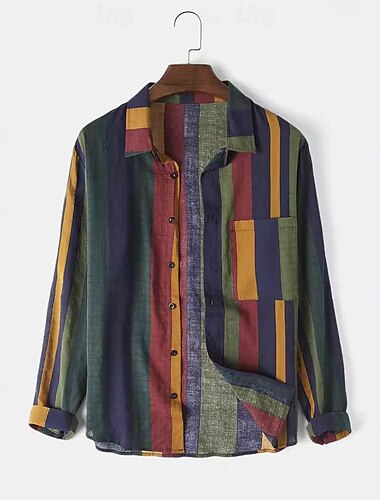  Per uomo Camicia camicia di lino Camicia estiva Camicia da spiaggia A strisce Da mare Per eventi Verde Manica lunga Colletto Abbigliamento