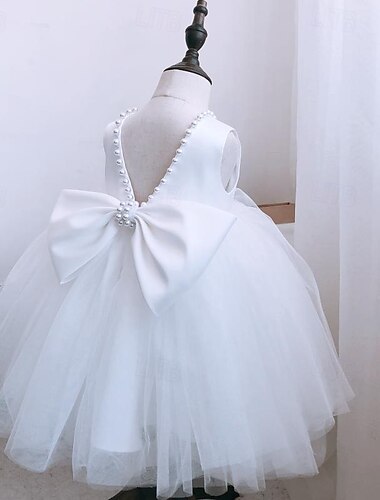  Flower Girl Dress Kid's Girls' Princess Dress Performance Wedding Party Elegant Beautiful Mesh Solid Color Sleeveless Crew Neck White Champagne 4 years+