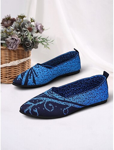  sapatilhas femininas de bico fino com padrão azul - sapatos casuais leves para uso diário e viagens