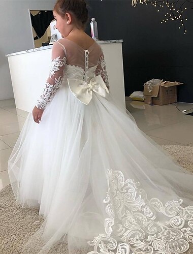  Šaty pro květinovou družičku děti Dívčí Princeznovské šaty Výkon Svatební Párty Elegantní Krásná Krajka Síťka Pevná barva Dlouhý rukáv Tričkový Světle žlutá Bílá 4 roky +