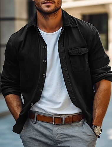  Herren Hemd Knopfhemd Cargo-Shirt Schwarz Grün Langarm Glatt Kargen Urlaub Festtage Tasche Bekleidung Modisch Brautkleider schlicht Komfortabel