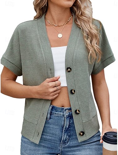  Mujer Pulóveres Cárdigan Casual Suave Color puro Estriado Escote en Pico Botones De Punto Mangas cortas Tops regulares Tejer Exterior Diario Fin de semana Negro Verde Trébol Verano