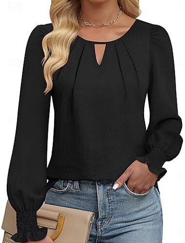  Damen Hemd Bluse Feste Farbe Geschäftlich Modern Brautkleider schlicht Langarm Rundhalsausschnitt Normale Oberteile Arbeit Abendgarderobe Rüschen Schwarz Weiß Grün Sommer Frühling