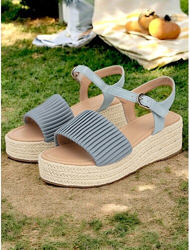  Sandalias de cuña con tiras plisadas azules para mujer con hebilla ajustable y suela de alpargata, zapatos de verano cómodos para playa, vacaciones y salidas casuales