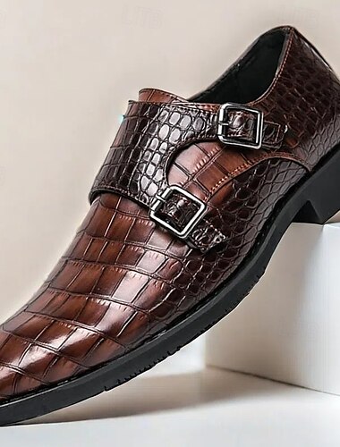  sapatos masculinos de couro sintético marrom com tiras de monge e padrão de crocodilo – sapatos sociais elegantes para negócios, casamentos e ocasiões especiais
