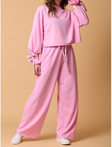  Damen Schlafanzug Set Brautkleider schlicht Komfort Einfarbig Elastische Taille T Shirt Hose Heim Täglich Langarm Rundhalsausschnitt Rosa Grau Herbst Winter