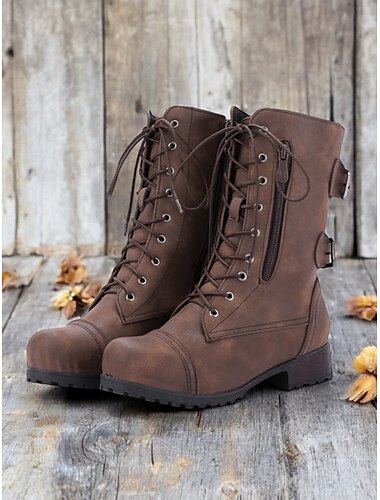  Botas con cordones de cuero marrón versátiles con estilo militar para mujer: perfectas para usar todos los días en otoño e invierno.