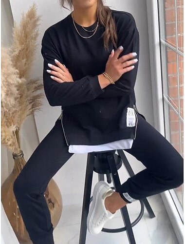  Damen Strassenmode Täglich T Shirt Chinesisch Chino Langarm Rundhalsausschnitt Feste Farbe Patchwork Outdoor B¨¹ro Schwarz Beige Grau Frühling & Herbst Regular Fit