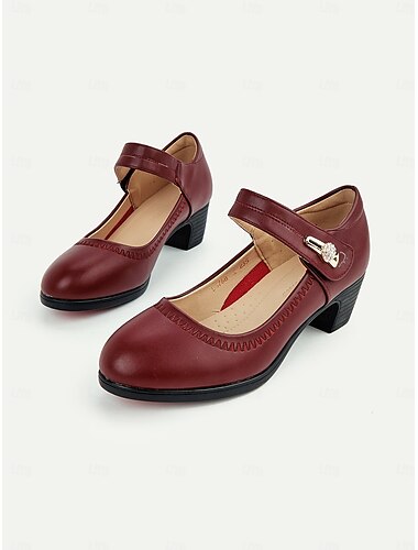  burgunder Mary Jane sko for kvinner med justerbar stropp og lav blokkhæl, komfortable pumps i vintage stil for kontor og daglig bruk