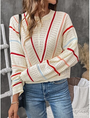  Damen Pullover Brautkleider schlicht Weich Einfarbig Gerippt Rundhalsausschnitt Strick Loch Langarm Normale Oberteile Stricken Outdoor Täglich Wochenende Aprikose Herbst Winter