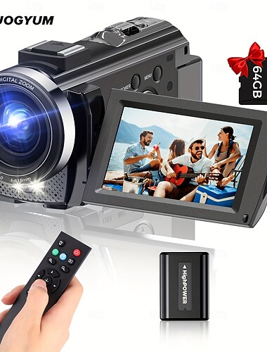  Digitaler Videokamera-Camcorder mit 16-fachem Digitalzoom, Ultra HD, 30 Bildern pro Sekunde, 3-Zoll-IPS, um 270 Grad drehbarem Bildschirm, Fernbedienung und 1500-mAh-Akku für Vlogging