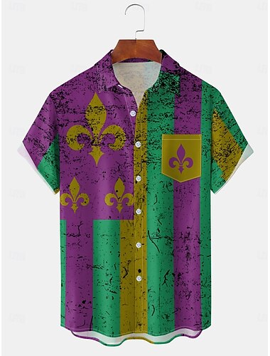  Carnaval Voor heren Lijn Overhemd Overhemd met knopen Korte Mouw Artistiek Casual Comfortabel Buiten Vakantie Straat Lente zomer Overhemdkraag Opdrukken Groen