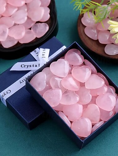  Herzförmiger Stein-Geschenkkarton zum Valentinstag, 2 cm großer Herzstein aus Rosenquarz, natürlicher pfirsichfarbener Rosenquarz, herzförmiger Kristallstein in Geschenkkarton, romantisches Geschenk