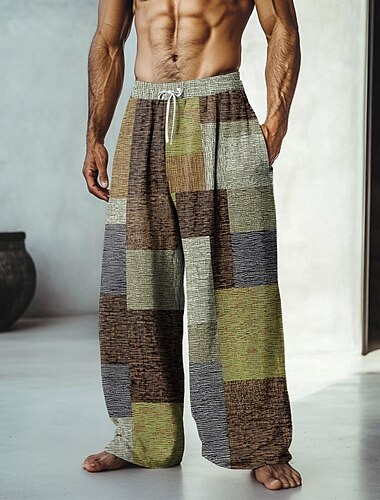  Herren Farbblock Patchwork Hosen Hose Mittlere Taillenlinie Elastischer Kordelzug in der Taille Hawaiianisch Brautkleider schlicht Outdoor Urlaub Festtage Hose mit geradem Bein Sommer Frühling Herbst