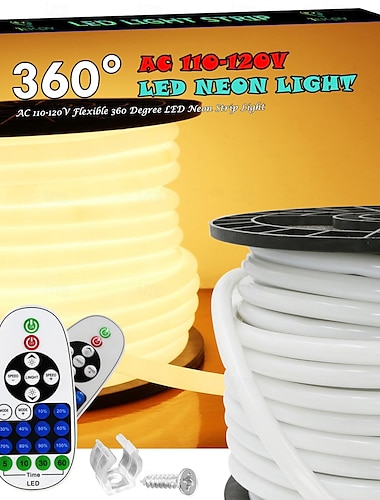  Striscia LED neon 360 AC110 16-100 piedi flessibile/impermeabile/dimmerabile temporizzazione luce LED bianco caldo corda telecomando adatta per casa/giardino/decorazione di edifici decorazione fai da