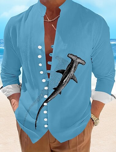  Herren Hai Lässiges Hemd Hawaiihemd Sommerhemd Aloha-Shirt Kurzarm Hawaiianisch Resort Urlaub Casual Sommer Frühling Stehkragen Knopf hoch Weiß Blau Grün Grau
