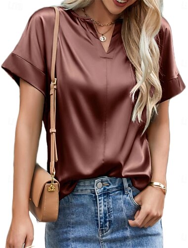  Damen Hemd Feste Farbe Elegant Stilvoll Brautkleider schlicht Langarm V Ausschnitt Normale Oberteile kleid hochzeitsgast Arbeit Täglich Schwarz Leicht Braun Braun Khaki Frühling Herbst Winter