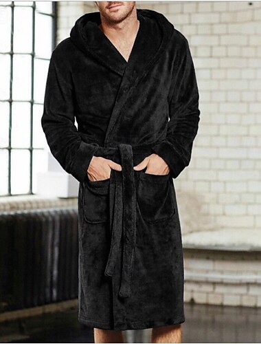  Hombre Talla Grande Pijamas Túnica Albornoces Batas Color puro Elegante Casual Confort Hogar Diario Franela Comodidad Templado Túnica larga Bolsillo Otoño Invierno Negro Rojo