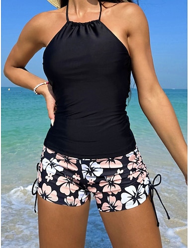  Femme Maillots de Bain 2 pièces Jambe de garçon Maillot de bain Dos Nu Mince Vacances Tenues de plage Floral Dos nu Sans Manches Maillots de bain