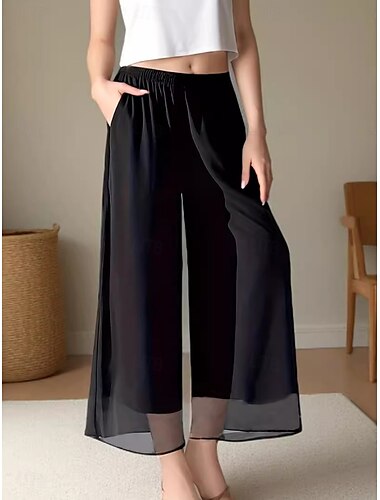  Dam Brett skaft Kinesiska Mode Streetwear Fullängd Hög midja Slät Elastiskt midjeband Bekväm Mjuk Microelastisk Utomhus Gata Svart Sommar Normal