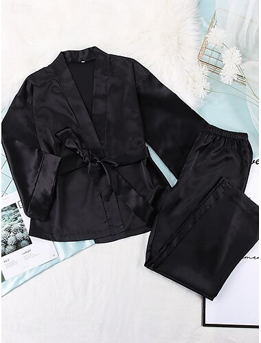  Damen Schlafanzug Set Brautkleider schlicht Komfort Einfarbig Elastische Taille Robe Top Hose Heim Täglich Halbe Ärmel V Ausschnitt Schwarz Blau Grün Sommer Frühling Herbst Regular Fit